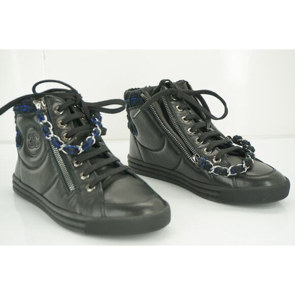 Chanel Black Leather XL CC Logo High Top Sneaker SZ 35 Chain Zip Tweed $1025 New - Picture 2 of 10